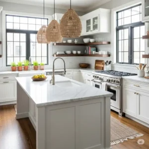 A stylish kitchen design with a hardwood floor in kitchen with white cabinets, illustrating a popular and visually appealing trend.