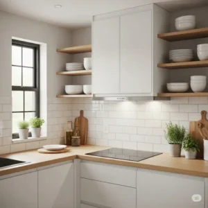An image of a stylish kitchen hood 24 inches seamlessly integrated into a small apartment kitchen design.
