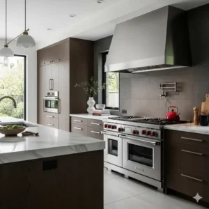 "A sleek, modern kitchen with a large Wolf range as the focal point, demonstrating how the appliance integrates into high-end kitchen design."