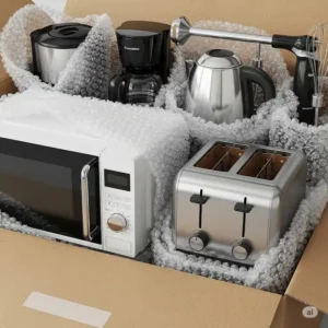 A variety of small kitchen appliances movers packed neatly in a cardboard box with bubble wrap for protection.