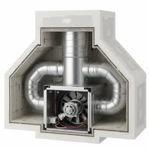 The inner workings and ventilation system of a plaster kitchen hood with an insert.