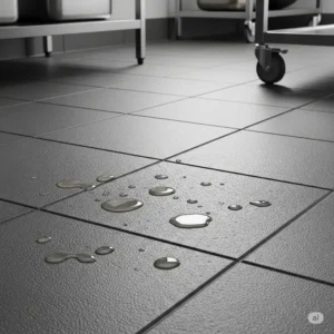 A close-up view of a professional-grade restaurant kitchen flooring, emphasizing its resistance to spills and heavy foot traffic.