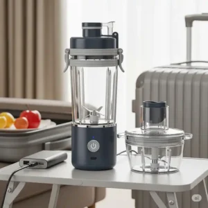 A portable blender and food processor with secure lids, versatile rv kitchen appliances for a trip.