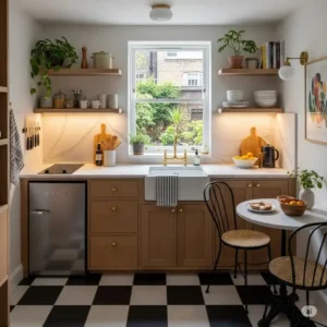 A cozy, small kitchen with a bright black and white kitchen floor, perfect for a compact living space.