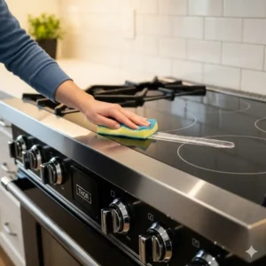 A homeowner easily cleaning the smooth porcelain-coated surface of a THOR kitchen stove after use.