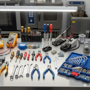 Various tools laid out on a clean workbench, ready for a commercial kitchen equipment repair job.
