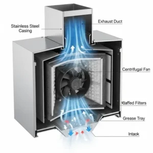 A cross-section diagram showing the internal components of a high-performance stainless steel kitchen range hoods ventilation system.