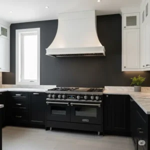 A high-contrast kitchen design with a bright white kitchen hood mounted above a black stove, creating a bold and sophisticated aesthetic.