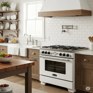 A classic white 36 range, complementing a farmhouse-style kitchen with a vintage aesthetic.