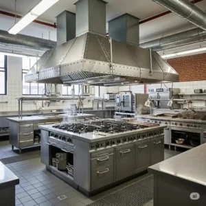 A close-up shot of a ceiling mount kitchen hood's removable grease filters being cleaned, demonstrating ease of maintenance.