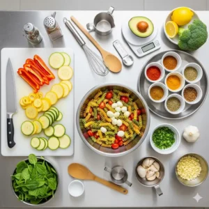 A top-down view of a variety of colorful foods being prepared on a hygienic kitchen preparation table, illustrating its functionality.