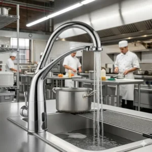 A hands-free commercial sensor faucet, a modern commercial kitchen tapware solution, promoting hygiene and reducing water waste in a high-traffic restaurant or institutional kitchen.