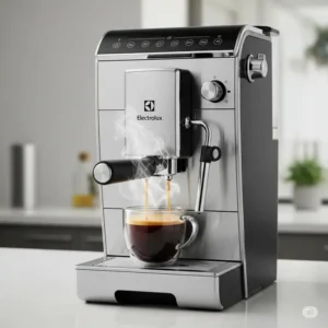 Electrolux kitchen appliances: A stylish coffee machine brewing a fresh cup of coffee.