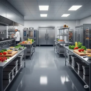 A vibrant illustration showcasing the smooth, seamless finish of epoxy flooring, a popular choice for commercial kitchens due to its chemical resistance.