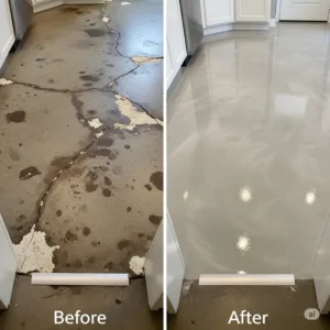 A side-by-side comparison of a worn-out, stained concrete epoxy kitchen floor (before) next to a beautifully transformed, smooth epoxy kitchen floor (after) to showcase the dramatic improvement.