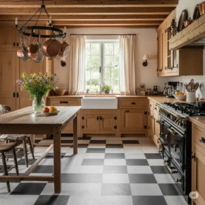 A rustic farmhouse-style kitchen featuring a durable black and white kitchen floor, which balances the room's warm, wooden textures.