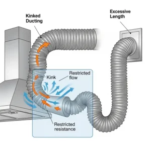 An illustration of common mistakes when installing flexible kitchen hood ducting, such as kinks and excessive length, which restrict airflow.
