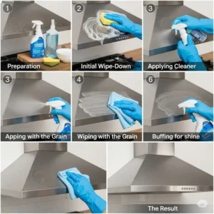 A step-by-step image guide on how to clean and maintain the finish of a stainless steel kitchen range hoods.