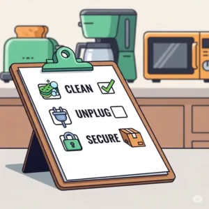 An illustrative image of a checklist to help users prepare their kitchen appliances for a move, created by kitchen appliances movers.