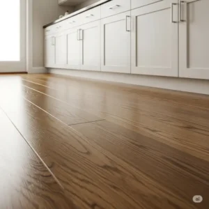 A close-up view of a high-quality hardwood floor in kitchen with white cabinets, highlighting its durability and resistance to everyday wear.