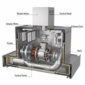 A cutaway view of the powerful blower motor and internal components of a kitchen hood 24 inches.