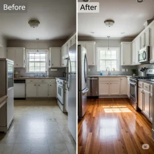 A before-and-after shot of a kitchen remodel, showing the dramatic improvement of adding new wood floors in kitchen.