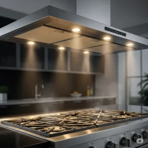An image highlighting the built-in LED lighting of a kitchen hood insert, illuminating the cooking surface.