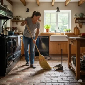 A homeowner sweeping a brick floor kitchen, illustrating the simple cleaning and maintenance required for the tiles.