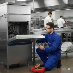 A technician on-site fixing a large-scale commercial dishwasher, a common commercial kitchen equipment repair.