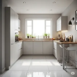 Compact kitchen utilizing white kitchen floor tiles to create an illusion of more space and enhance natural light.