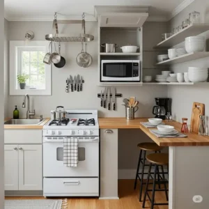 A fully functional small kitchen setup with a 24-inch kitchen range as the centerpiece, demonstrating how it maximizes limited space.
