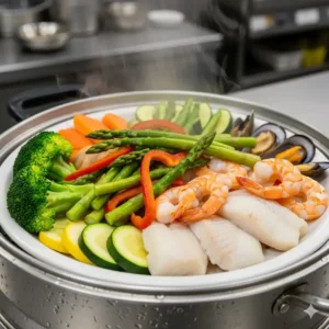 A platter of perfectly steamed vegetables and seafood fresh from a commercial kitchen steamer, emphasizing the quality of the cooked food.

