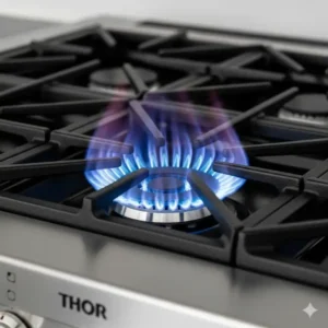 The powerful, consistent blue flame from a burner on a THOR kitchen stove, ready for high-heat cooking.