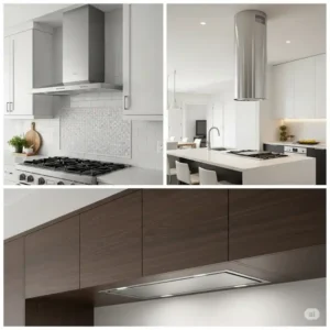 Different styles of recirculation kitchen hood, including wall-mounted and island models.