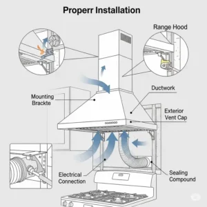 A diagram showing the proper installation process for a ducted white kitchen hood, illustrating the placement of ductwork and mounting brackets.