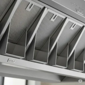 A diagram showing the proper installation height for a Wolf kitchen hood above a cooking surface, ensuring optimal performance.