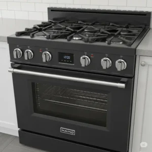 A stylish 24-inch kitchen range in a black stainless steel finish, providing a durable and fingerprint-resistant surface that complements modern kitchen designs.