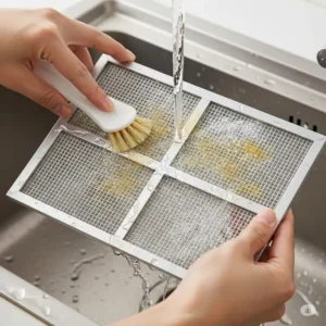 A detailed view of a ceiling mount kitchen hood, highlighting its slim profile and integrated LED lighting.