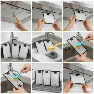 A step-by-step image guide on how to remove and clean the filters of a kitchen hood insert.
