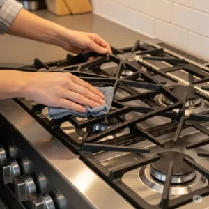 Routine maintenance of a liquid propane kitchen stove includes wiping down the cast iron grates.