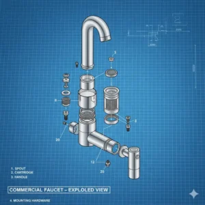 An exploded view showing the internal components of commercial kitchen tapware, including the ceramic cartridge, spout, handles, and mounting hardware.