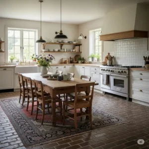 A beautiful and cozy farmhouse brick floor kitchen with a large wooden farm table and a vintage rug, anchoring a warm space.