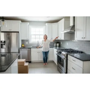 A happy homeowner with kitchen appliances movers after their appliances, including a fridge and stove, have been safely moved and placed in their new kitchen.