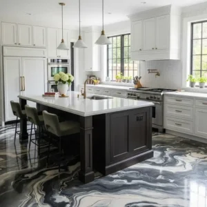A side-by-side comparison of a worn-out, stained concrete epoxy kitchen floor (before) next to a beautifully transformed, smooth epoxy kitchen floor (after) to showcase the dramatic improvement.
