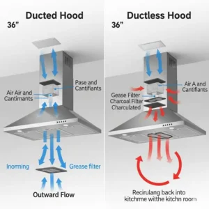 A comparison of ducted and ductless 36 inch kitchen hood systems, showing airflow diagrams for both types.