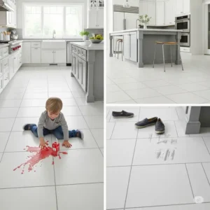 Example of durable white kitchen floor tiles, resistant to spills and high traffic, perfect for busy family kitchens.