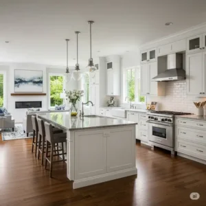 An open-concept kitchen featuring a beautiful hardwood floor in kitchen with white cabinets, which flows seamlessly into the living space.