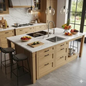 A stylish home kitchen preparation table, serving as a central island, with built-in storage drawers and a sleek countertop.
