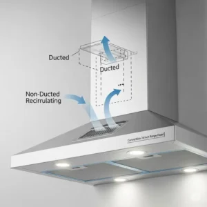 A visual representation of a convertible range kitchen hood 24 inches that can be configured for either ducted or non-ducted use.