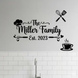 Personalized kitchen wall art stickers showing a family name, making the space unique and welcoming.